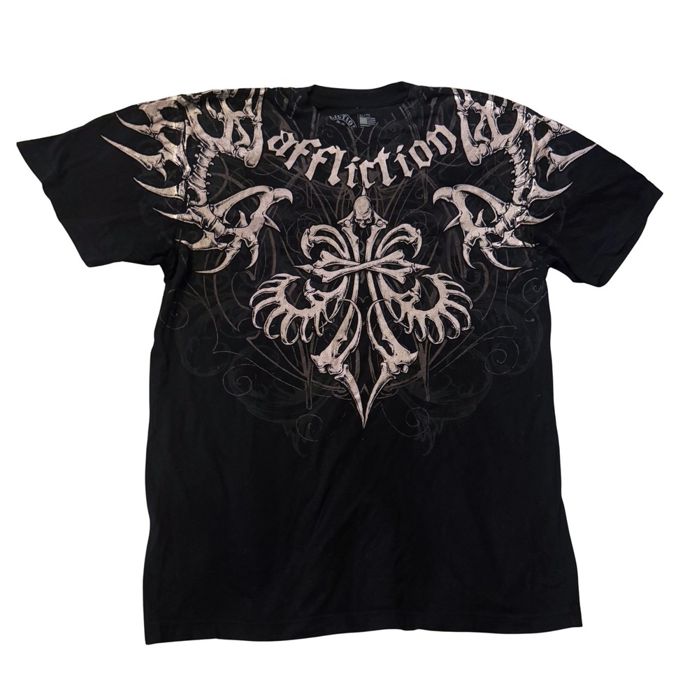 Affliction XL Black Graphic T Shirt Skull Skeleton Gothic Biker Wings bones Y2K